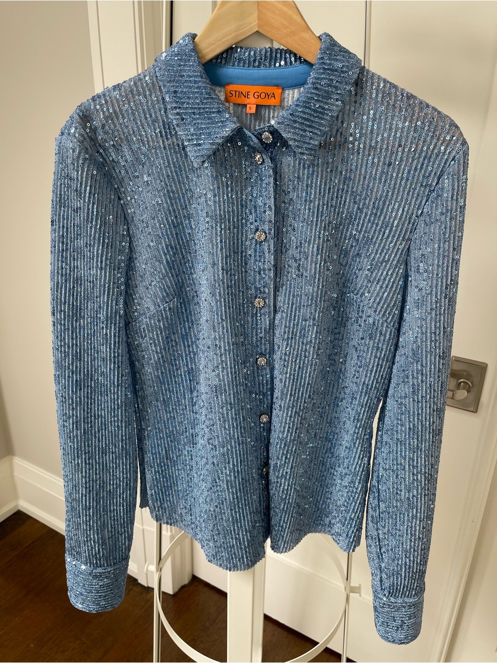 STINE GOYA Light Blue Sequin Ribbed Button-Front Jacket
